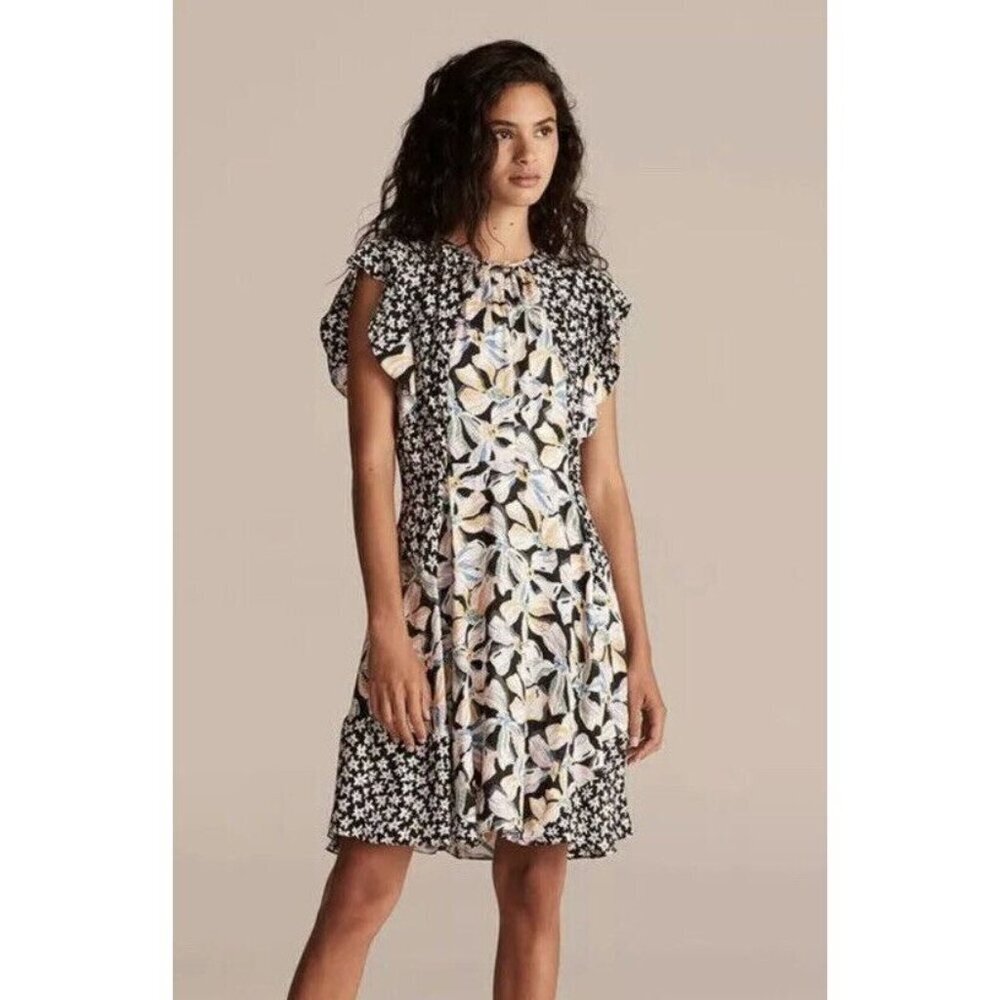 Rebecca Taylor Black Bow Fleur Mixed Print Silk Ruffle Sleeve Dress Size 8 - Picture 8 of 8
